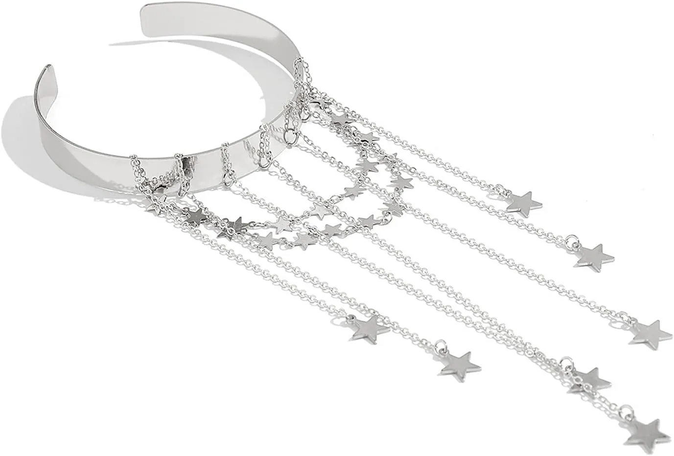 Dainty Bead Crystal Star Tassel Upper Arm Cuff Punk Long Chain Tassel Arm Bangle Bracelet Silver Greek Layered Coin Armlet Open Cuff Armband Beach Wedding Body Jewelry for Women