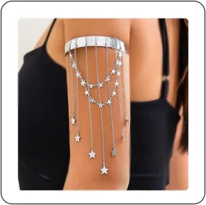 Dainty Bead Crystal Star Tassel Upper Arm Cuff Punk Long Chain Tassel Arm Bangle Bracelet Silver Greek Layered Coin Armlet Open Cuff Armband Beach Wedding Body Jewelry for Women