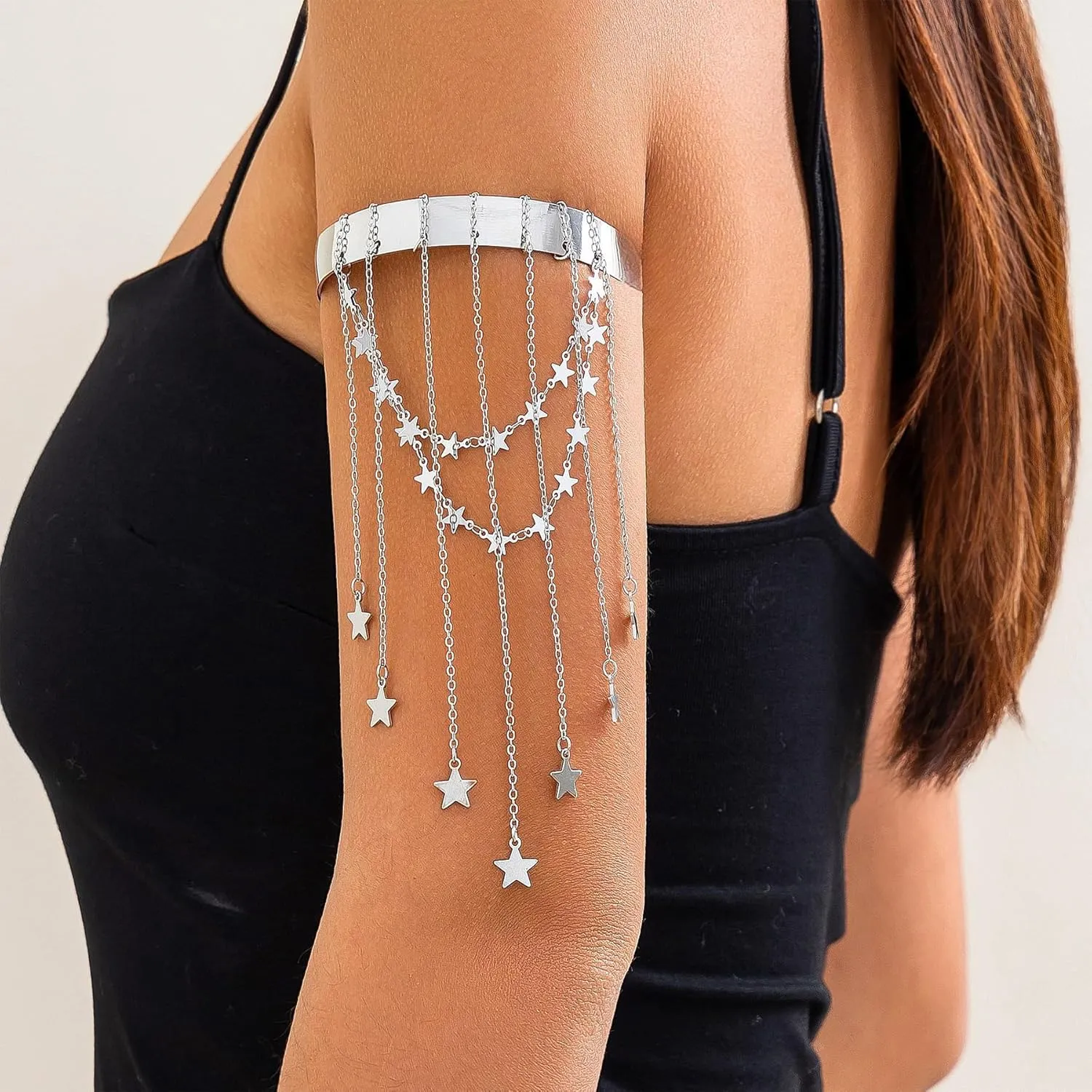 Dainty Bead Crystal Star Tassel Upper Arm Cuff Punk Long Chain Tassel Arm Bangle Bracelet Silver Greek Layered Coin Armlet Open Cuff Armband Beach Wedding Body Jewelry for Women