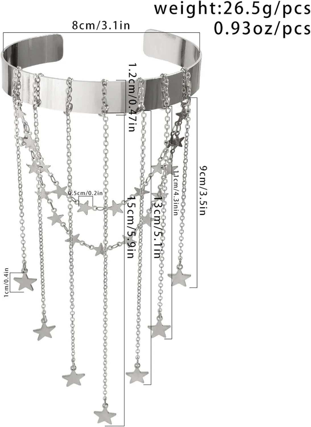 Dainty Bead Crystal Star Tassel Upper Arm Cuff Punk Long Chain Tassel Arm Bangle Bracelet Silver Greek Layered Coin Armlet Open Cuff Armband Beach Wedding Body Jewelry for Women