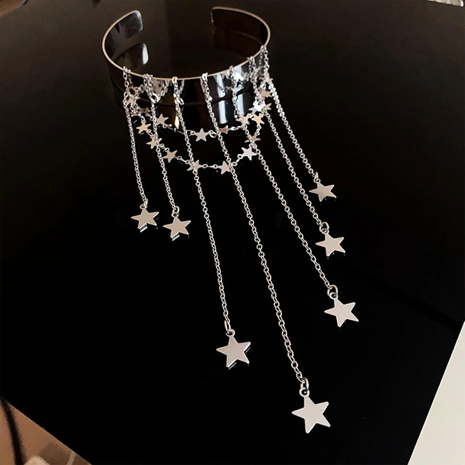 Dainty Bead Crystal Star Tassel Upper Arm Cuff Punk Long Chain Tassel Arm Bangle Bracelet Silver Greek Layered Coin Armlet Open Cuff Armband Beach Wedding Body Jewelry for Women