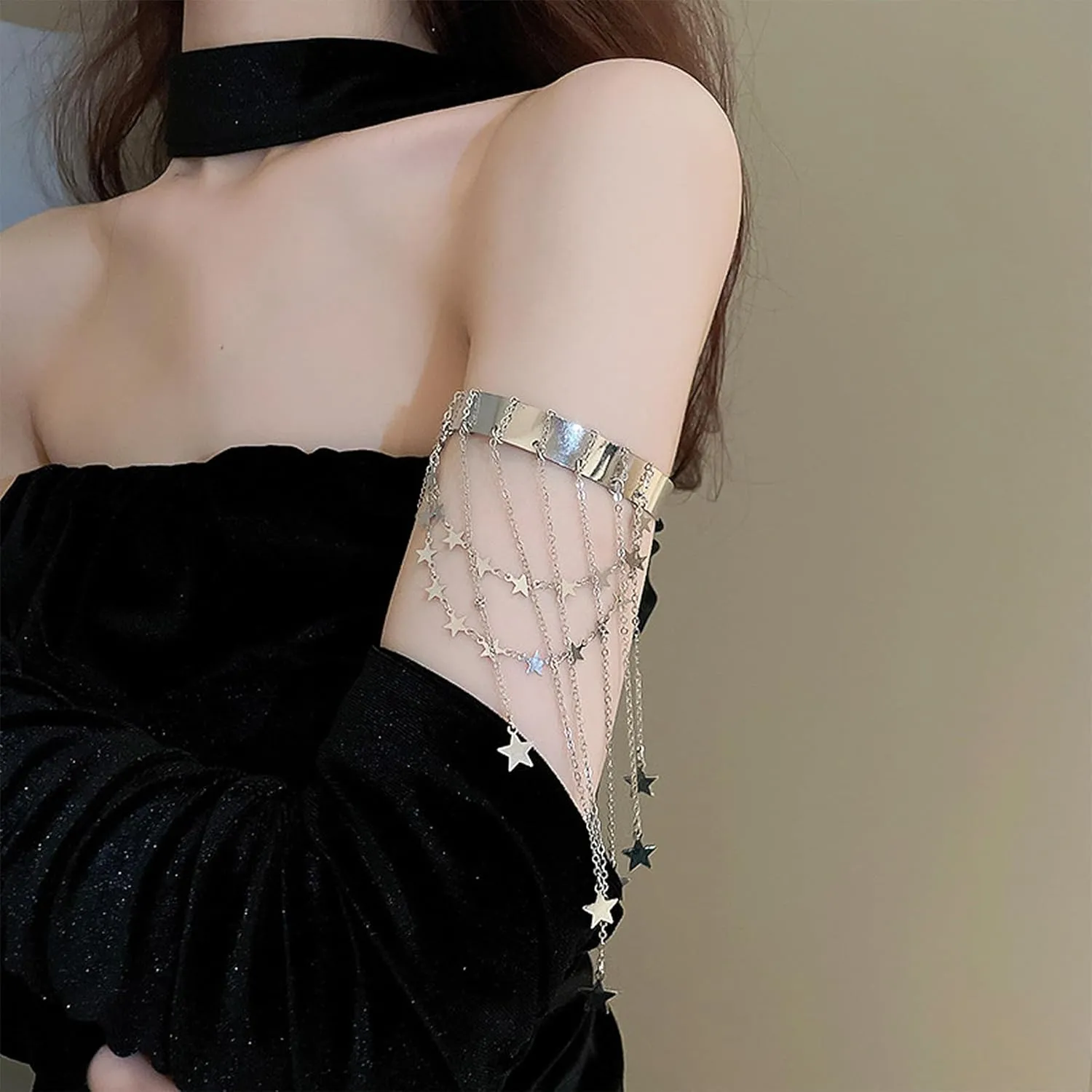 Dainty Bead Crystal Star Tassel Upper Arm Cuff Punk Long Chain Tassel Arm Bangle Bracelet Silver Greek Layered Coin Armlet Open Cuff Armband Beach Wedding Body Jewelry for Women