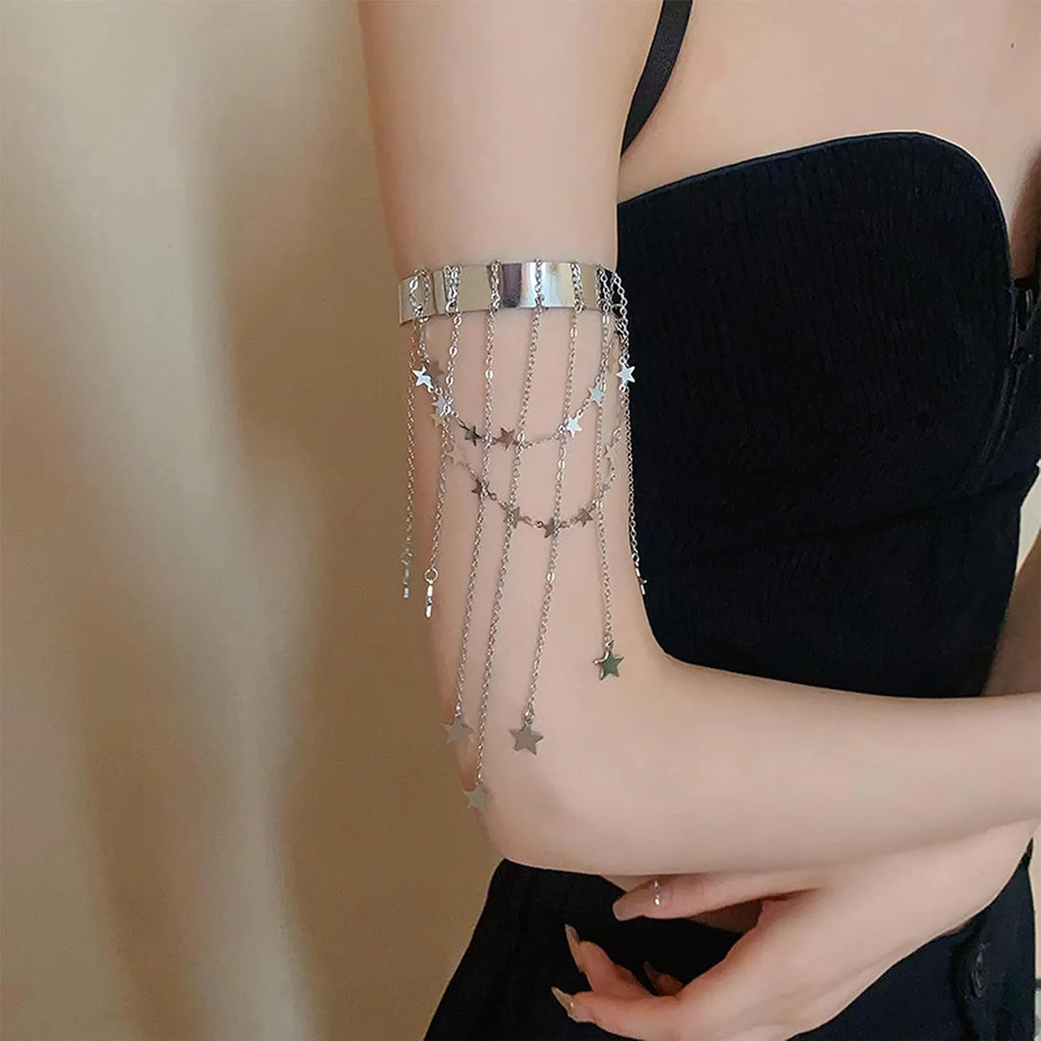 Dainty Bead Crystal Star Tassel Upper Arm Cuff Punk Long Chain Tassel Arm Bangle Bracelet Silver Greek Layered Coin Armlet Open Cuff Armband Beach Wedding Body Jewelry for Women
