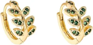 Dainty CZ Green Leaf Small Hoop Earrings Delicate Cubic Zirconia Cartilage Huggie Cluster Leaves Round Studs Tragus Pierced Ear Endless Hoops Wrap Cuffs Earring for Women Lady Dainty Jewelry