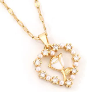 Dainty Gold Heart Necklace for Women White Rose Flower Pearls Heart Charm Pendant Choker Preppy Necklace Collar Unique Western Fashion Jewelry Gift