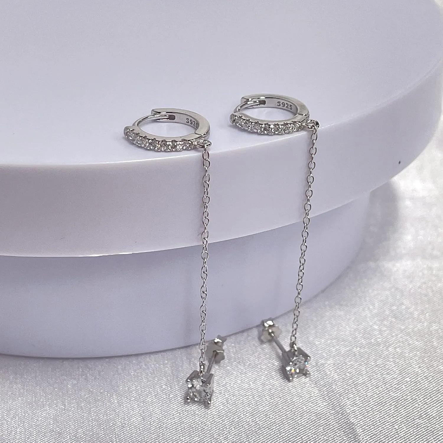 Dainty Round CZ Stud Small Hoop Cuff Cartilage Double Piercing Earrings for Women 925 Sterling Silver Threader Chain Drop Dangle Delicate Two Holes Crystal Crawler Hypoallergenic