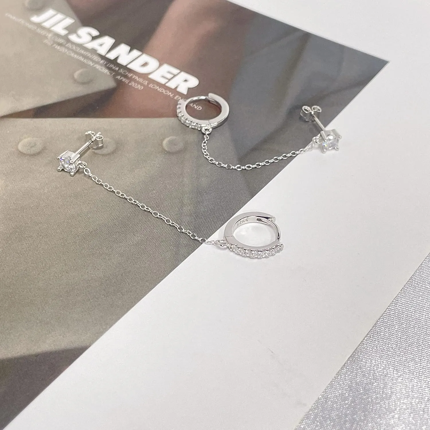 Dainty Round CZ Stud Small Hoop Cuff Cartilage Double Piercing Earrings for Women 925 Sterling Silver Threader Chain Drop Dangle Delicate Two Holes Crystal Crawler Hypoallergenic