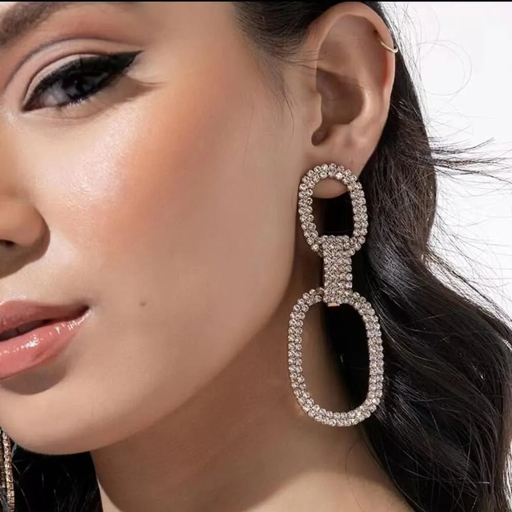 Dangle Drop CZ Oval Statement Earrings Crystal Rhinestone Chandelier Dangling Exaggerated Big Studs Earring Delicate Wedding Jewelry for Women Girls Bridal Gifts