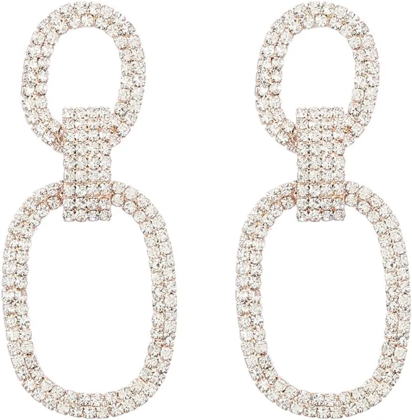 Dangle Drop CZ Oval Statement Earrings Crystal Rhinestone Chandelier Dangling Exaggerated Big Studs Earring Delicate Wedding Jewelry for Women Girls Bridal Gifts