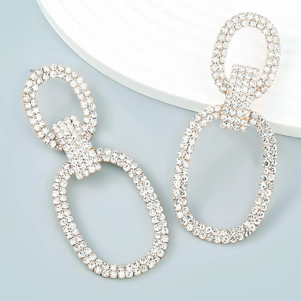 Dangle Drop CZ Oval Statement Earrings Crystal Rhinestone Chandelier Dangling Exaggerated Big Studs Earring Delicate Wedding Jewelry for Women Girls Bridal Gifts