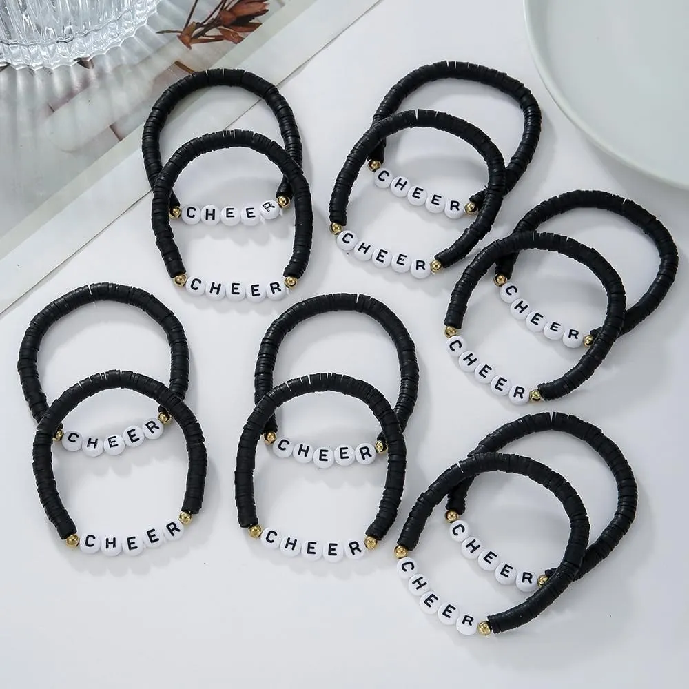 DATOA 12Pcs Set Polymer Clay CHEER Stackable Friendship Bracelets Colorful Multilayer Heishi Surfer Clay Gold Beaded Stretch Bracelets Game Day Jewelry Team Cheer Gifts for Women Men