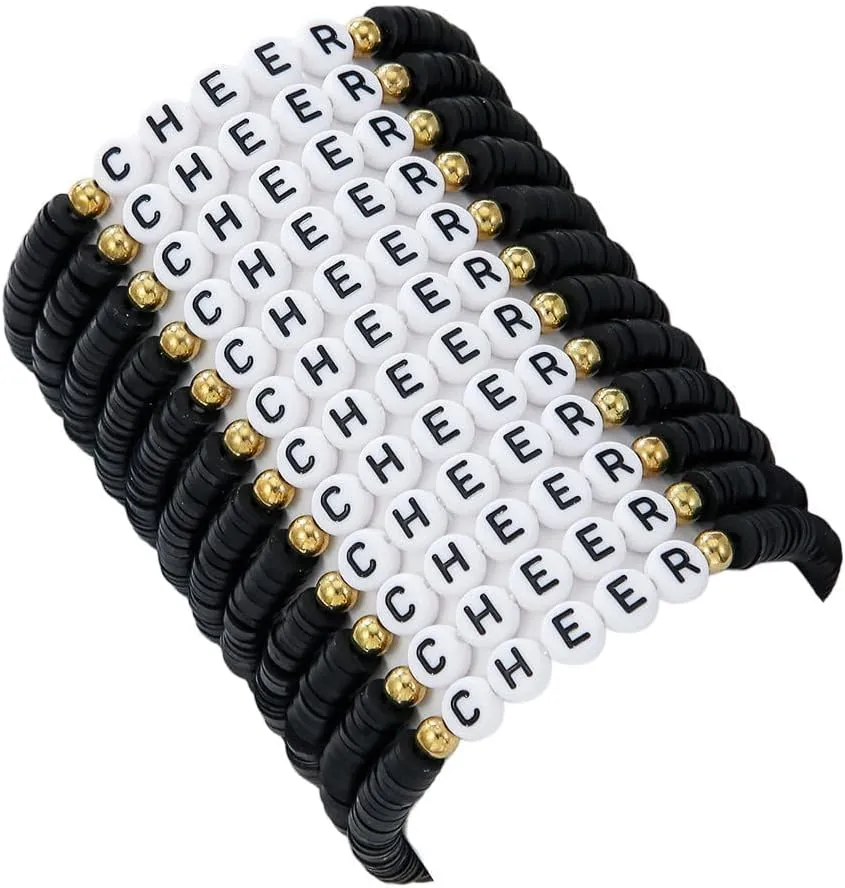 DATOA 12Pcs Set Polymer Clay CHEER Stackable Friendship Bracelets Colorful Multilayer Heishi Surfer Clay Gold Beaded Stretch Bracelets Game Day Jewelry Team Cheer Gifts for Women Men