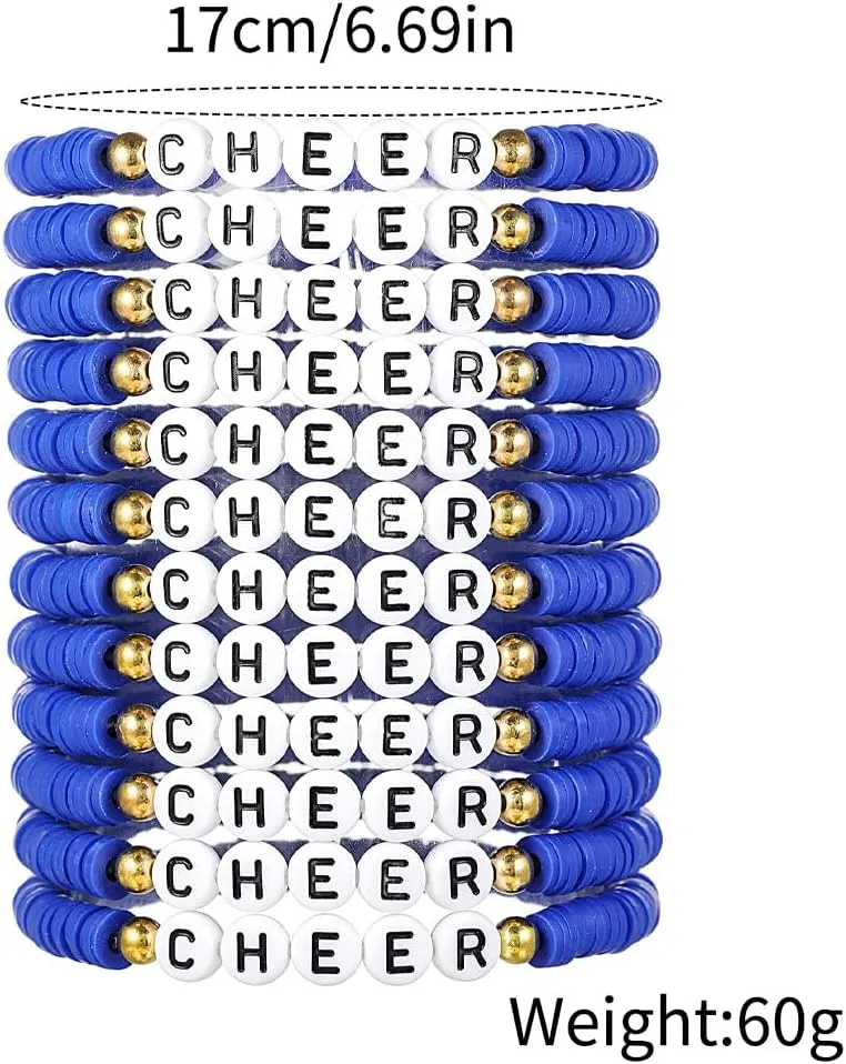 DATOA 12Pcs Set Polymer Clay CHEER Stackable Friendship Bracelets Colorful Multilayer Heishi Surfer Clay Gold Beaded Stretch Bracelets Game Day Jewelry Team Cheer Gifts for Women Men