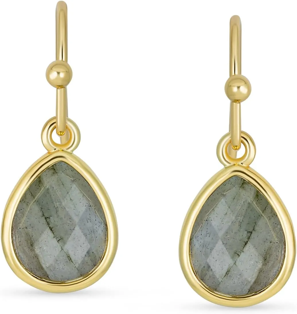 Delicate Fine Iridescent Gemstone Faceted Briolette Teardrop Pear Shaped Drop French Wire Fish Hook Earrings Necklace Bracelet Jewelry Set For Women Yellow Gold Plated