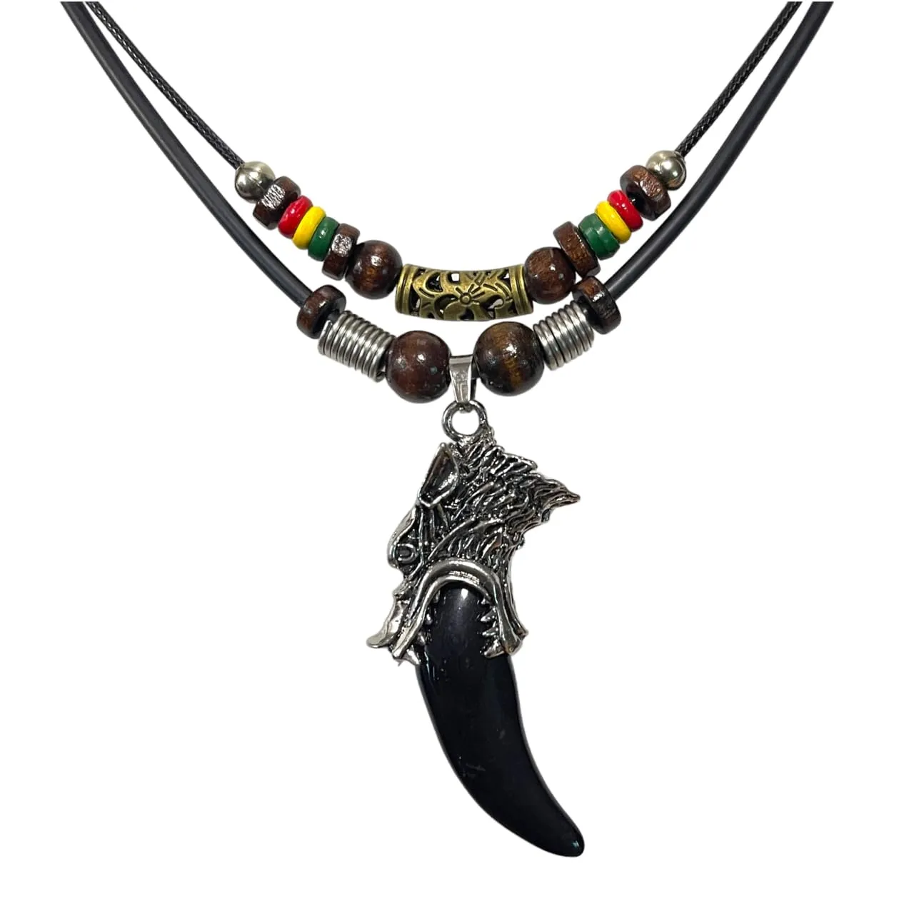 Double Layers Rasta plaid Hippie Braid Wolf Tooth Necklace Sterling Wolf Black Obsidian Pendant Necklace Jewelry for Women Men Girls Mom Friend