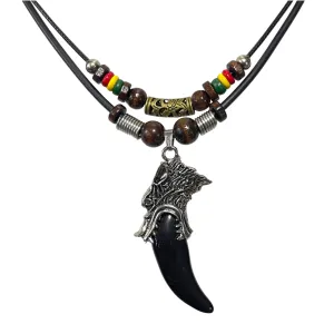 Double Layers Rasta plaid Hippie Braid Wolf Tooth Necklace Sterling Wolf Black Obsidian Pendant Necklace Jewelry for Women Men Girls Mom Friend