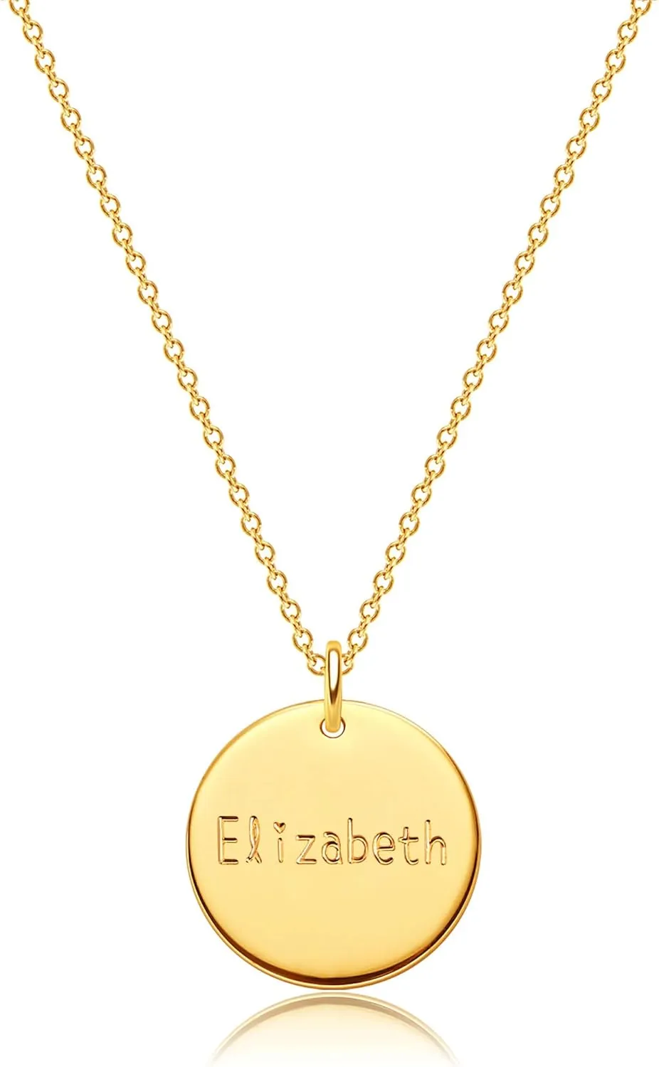 Dremmy Studios Personalized Name Necklace 18K Gold Filled Custom Elizabeth Disc Name Necklace Dainty Simple Charm Disk Engraved Name Necklace Personalized Unique Word Necklace for Mother