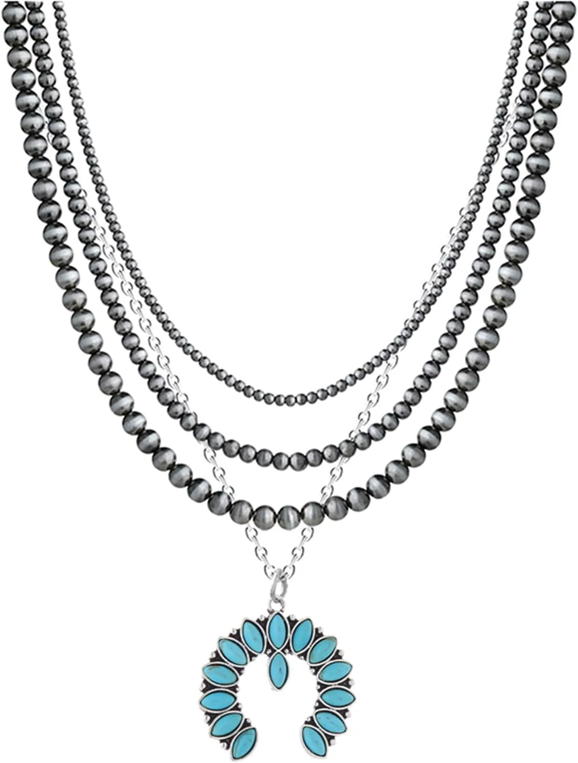 Dreuyet Navajo Pearl Layered Necklace with Western Turquoise Necklace Boho Vintage Choker Retro Tribe Western Beaded Cowgirl Country Gift for Women