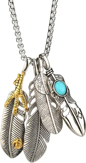 Dreuyet Stainless Steel Feather Necklace for Men Women Bohemian Inlay Turquoise Feather Angel Necklace 4 Combinable Feathers Charm Pendant