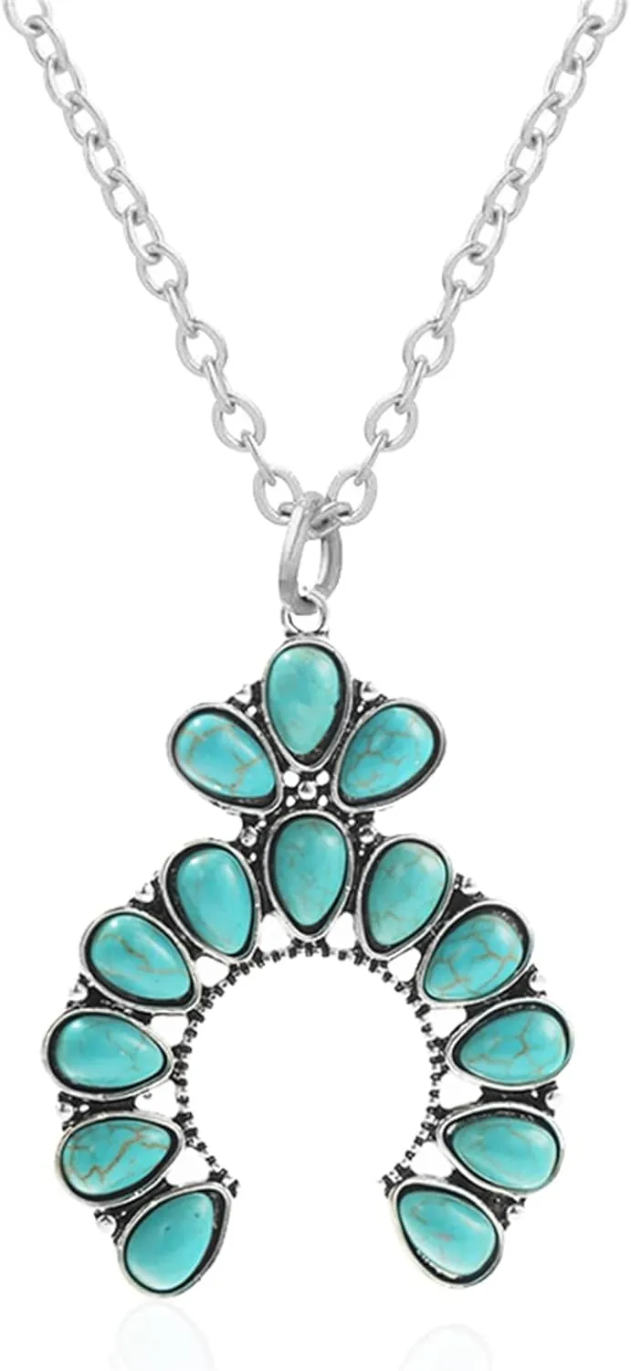 Dreuyet Turquoise Pendant Necklace for Women Natural Turquoise Western Handmade Bohemian Necklace Vintage Cross Horseshoe Navajo Boho Jewelry
