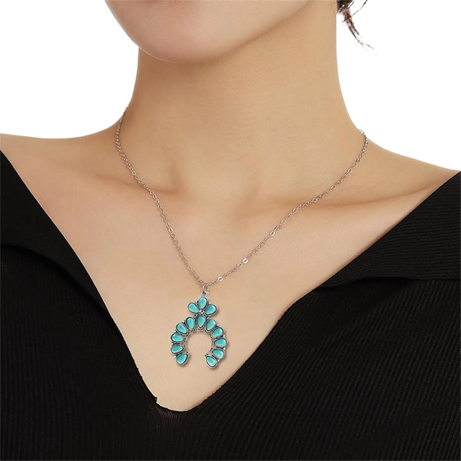 Dreuyet Turquoise Pendant Necklace for Women Natural Turquoise Western Handmade Bohemian Necklace Vintage Cross Horseshoe Navajo Boho Jewelry