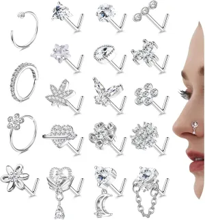 Drperfect Nose Rings L Shaped Nose Studs Ring Hypoallergenic Stainless Steel Nose Ring-Dangle CZ Butterfly Flower Nose Studs Hoops Piercings Jewelry Gift for Women Men 20G Pink/Blue/Clear