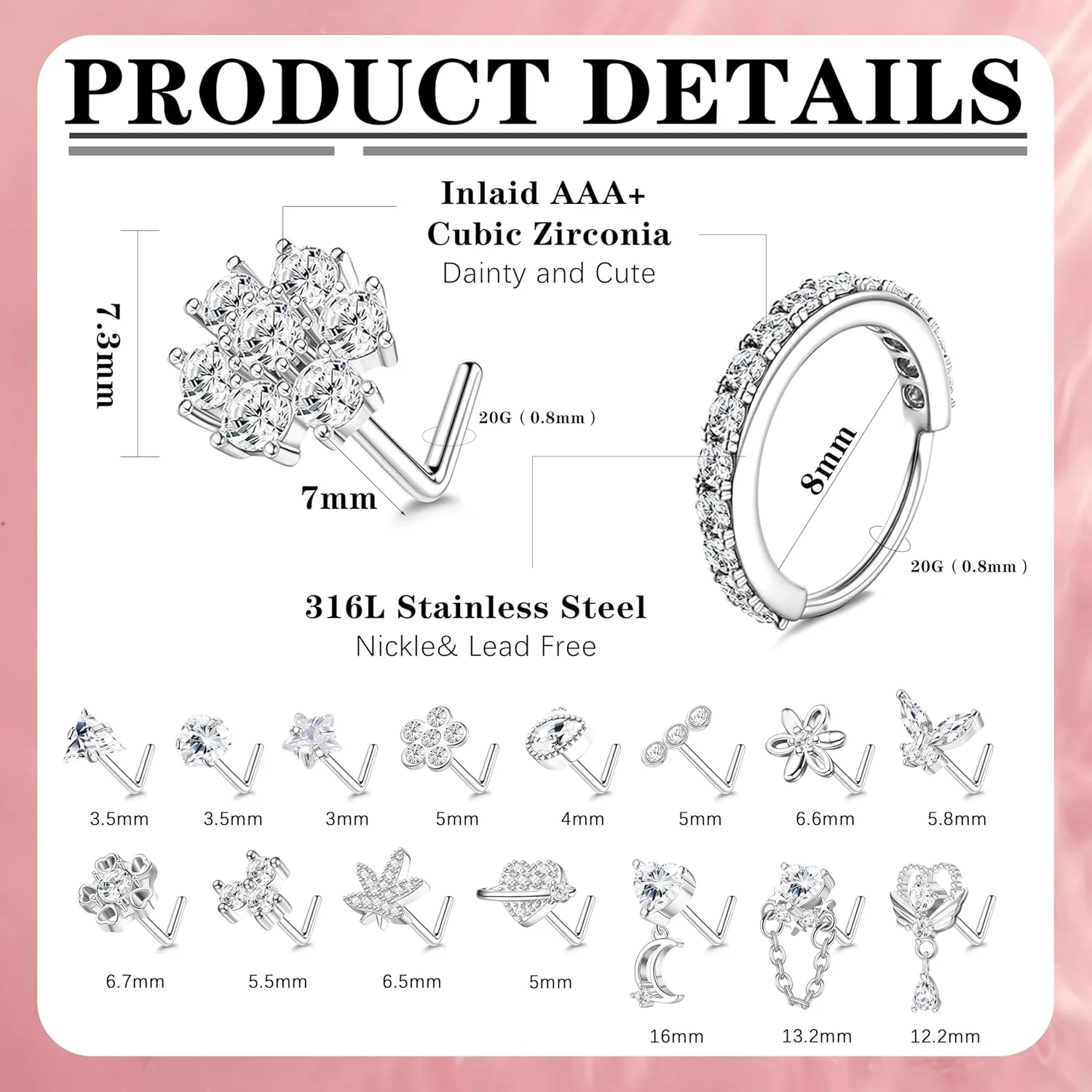 Drperfect Nose Rings L Shaped Nose Studs Ring Hypoallergenic Stainless Steel Nose Ring-Dangle CZ Butterfly Flower Nose Studs Hoops Piercings Jewelry Gift for Women Men 20G Pink/Blue/Clear