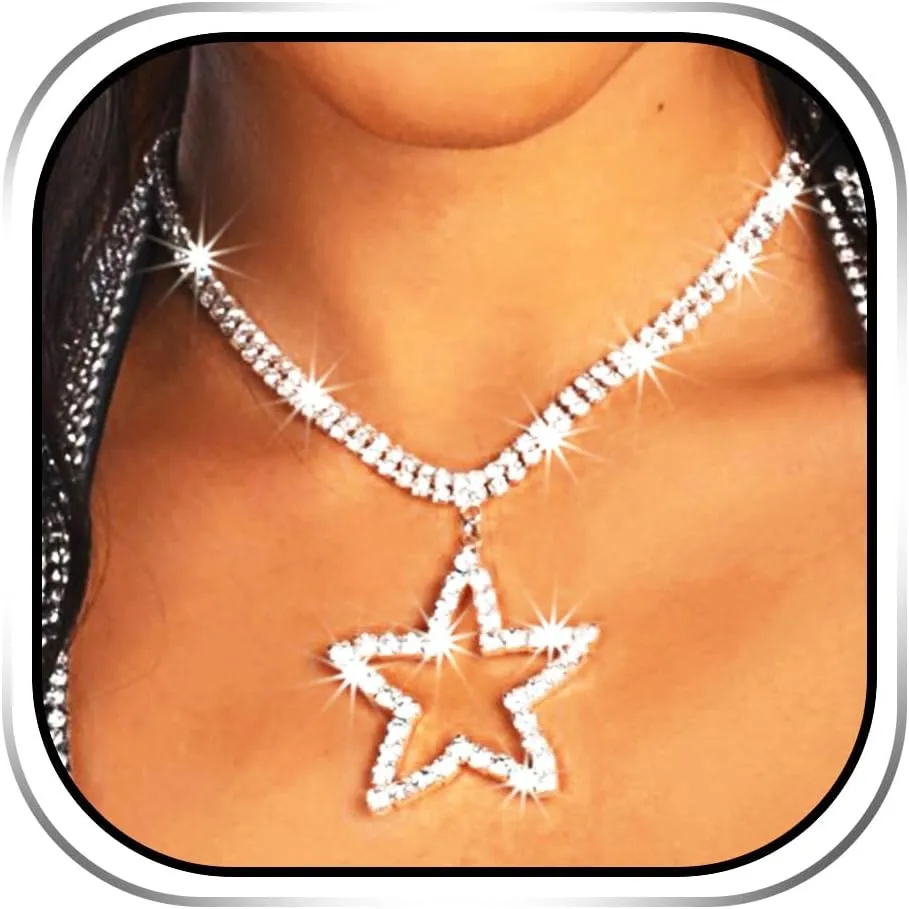 EARENT Rhinestone Star Pendant Necklace Silver Sparkly Crystal Jewelry Dainty Nightclub Party Necklaces Chain for Women