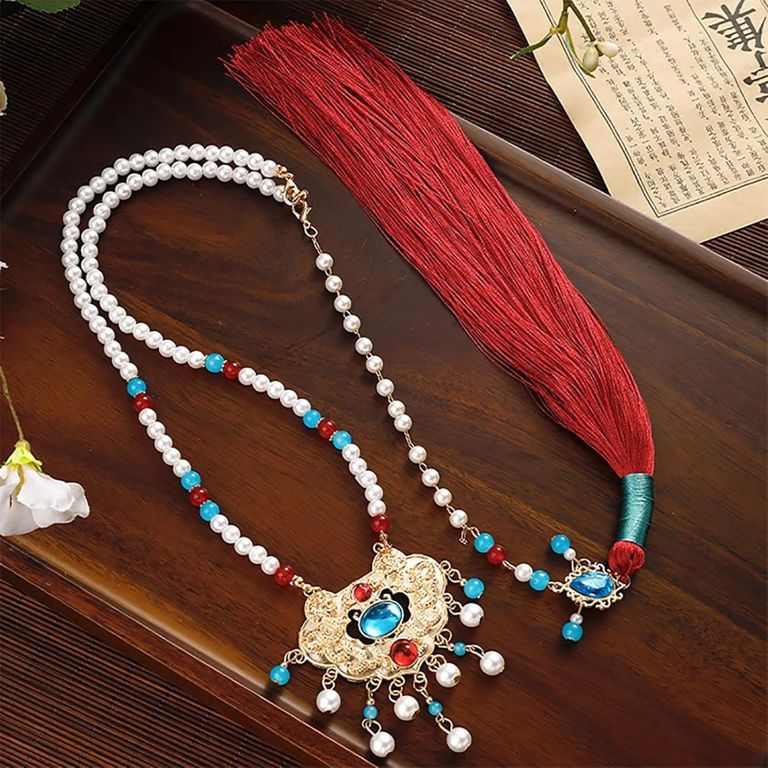 Elegant Fringed Chain Artfiticial Pearl Pendant Eye-Catching Skirt Chain Chinese Costume Necklace Cheongsam Charm Decors