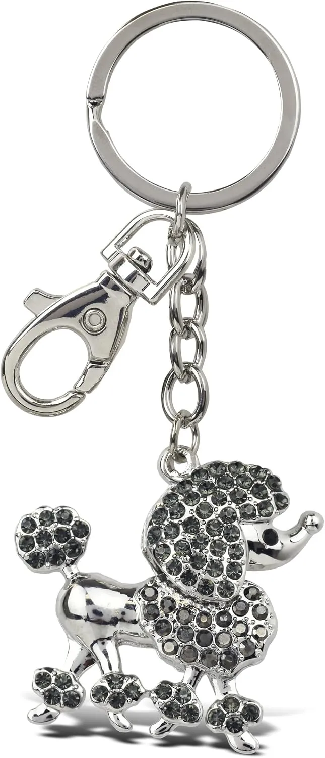 Elegant Grey Poodle Dog Keychain - Silver 3D Sparkling Charm Rhinestones Fashionable Stylish Metal Alloy Durable Key Ring Crystal Jewelry Accessory with Clasp