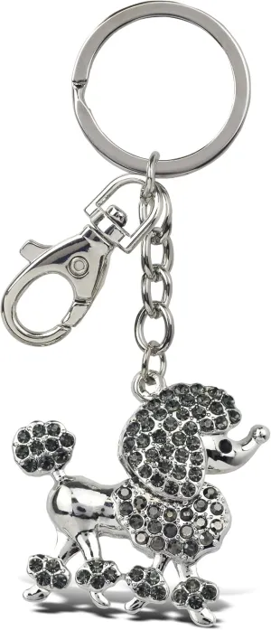 Elegant Grey Poodle Dog Keychain - Silver 3D Sparkling Charm Rhinestones Fashionable Stylish Metal Alloy Durable Key Ring Crystal Jewelry Accessory with Clasp