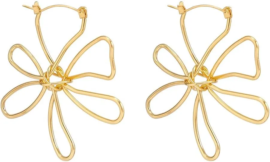 Exaggerate Large Gold Flower Earrings for Women Gold Pearl Flower Hoop Earrings Silver Openwork Large Flower Stud Earrings Delicate Line Flower Earrings Jewelry Gifts