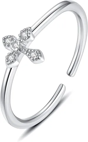 Faith Cross Purity Ring Promise Hope love Cubic Zirconia Adjustable Simple Minimalist Wrap Thin Rings for Women, Silver Plated