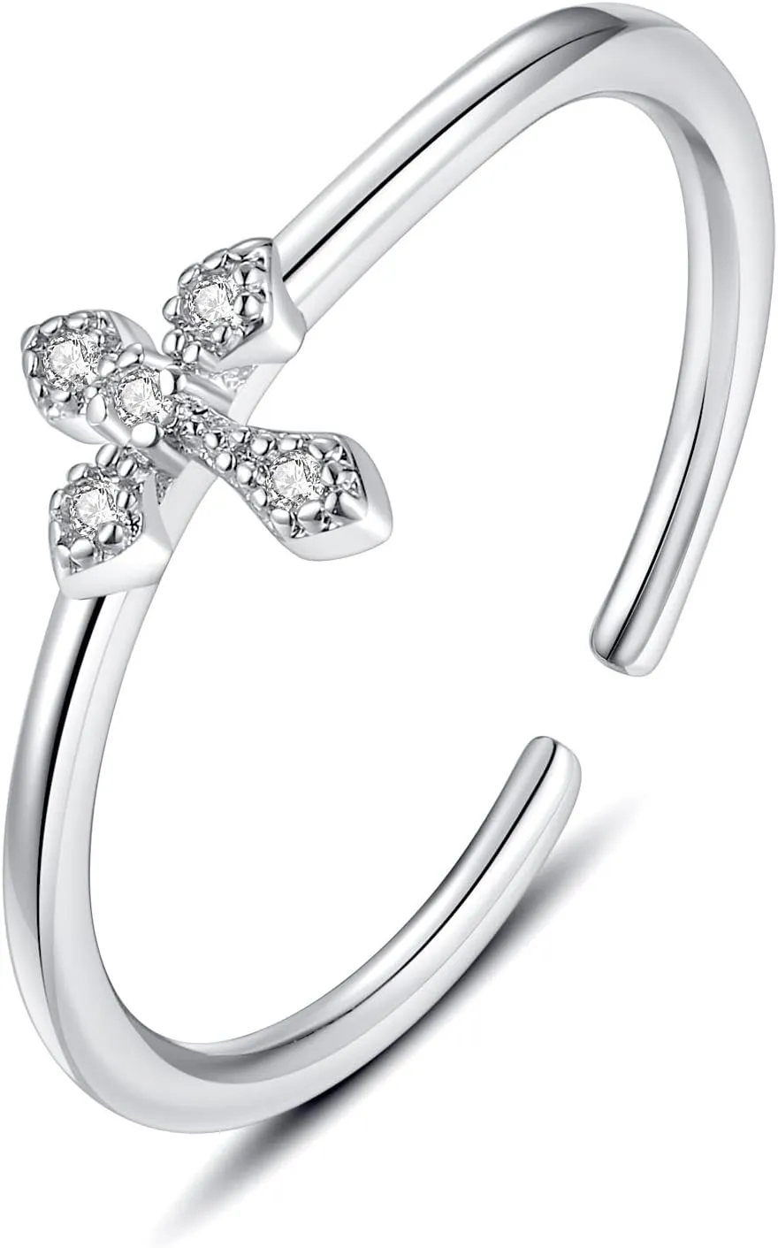 Faith Cross Purity Ring Promise Hope love Cubic Zirconia Adjustable Simple Minimalist Wrap Thin Rings for Women, Silver Plated