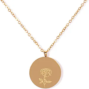 FANCY SHINY Birth Month Flower Necklace Dainty Gold Coin Necklace Engraved Stainless Steel Pendant Necklace for Women Gift for Her