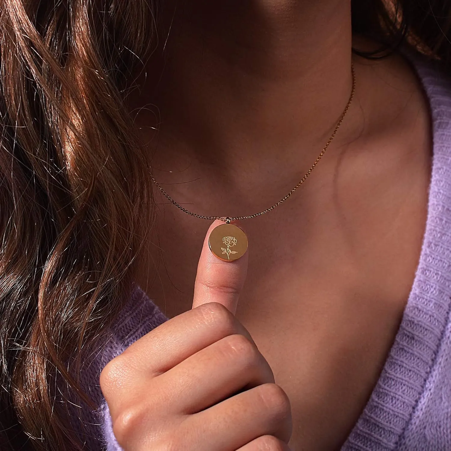 FANCY SHINY Birth Month Flower Necklace Dainty Gold Coin Necklace Engraved Stainless Steel Pendant Necklace for Women Gift for Her
