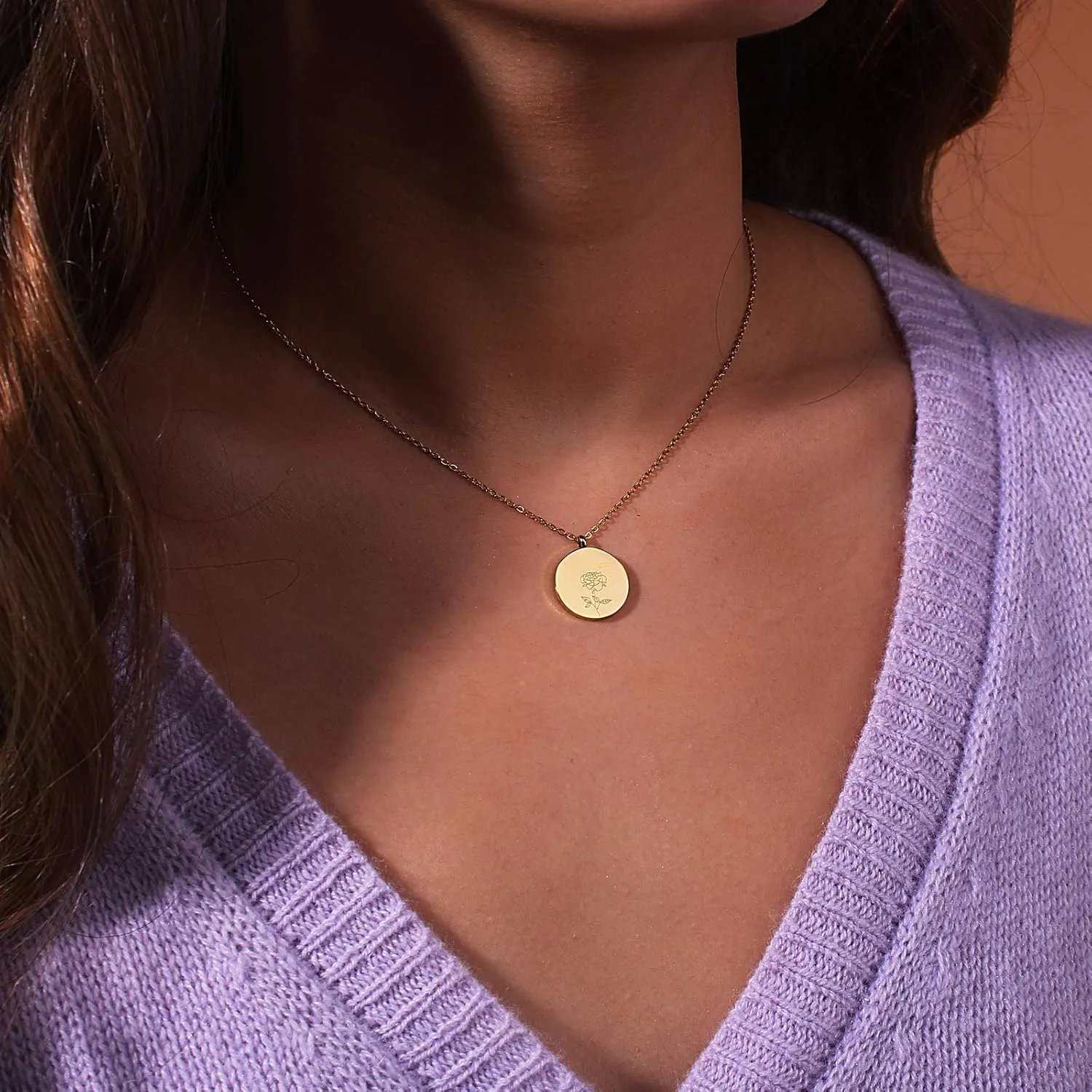FANCY SHINY Birth Month Flower Necklace Dainty Gold Coin Necklace Engraved Stainless Steel Pendant Necklace for Women Gift for Her
