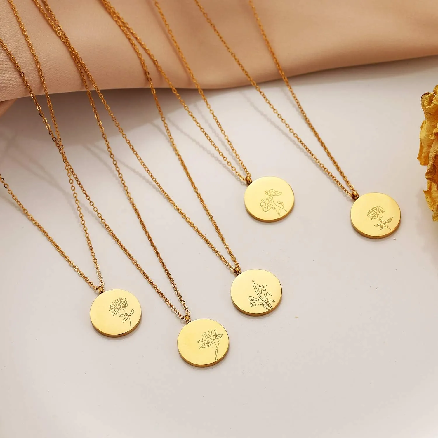 FANCY SHINY Birth Month Flower Necklace Dainty Gold Coin Necklace Engraved Stainless Steel Pendant Necklace for Women Gift for Her