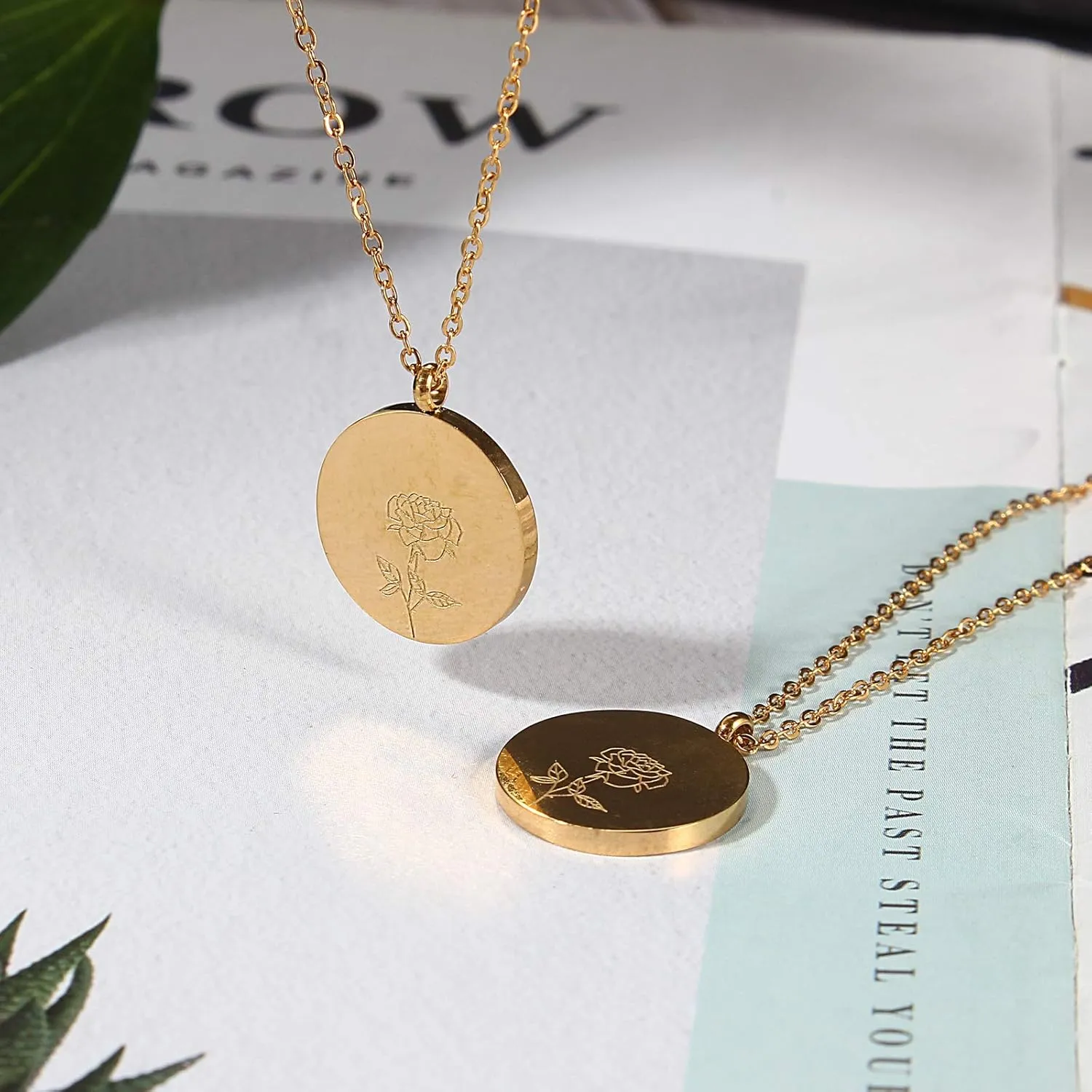 FANCY SHINY Birth Month Flower Necklace Dainty Gold Coin Necklace Engraved Stainless Steel Pendant Necklace for Women Gift for Her