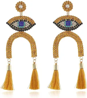 Fashion Evil Eye Dangle Earrings Full Crystal Long Arched Tassel Delicate Statement Women Jewelry