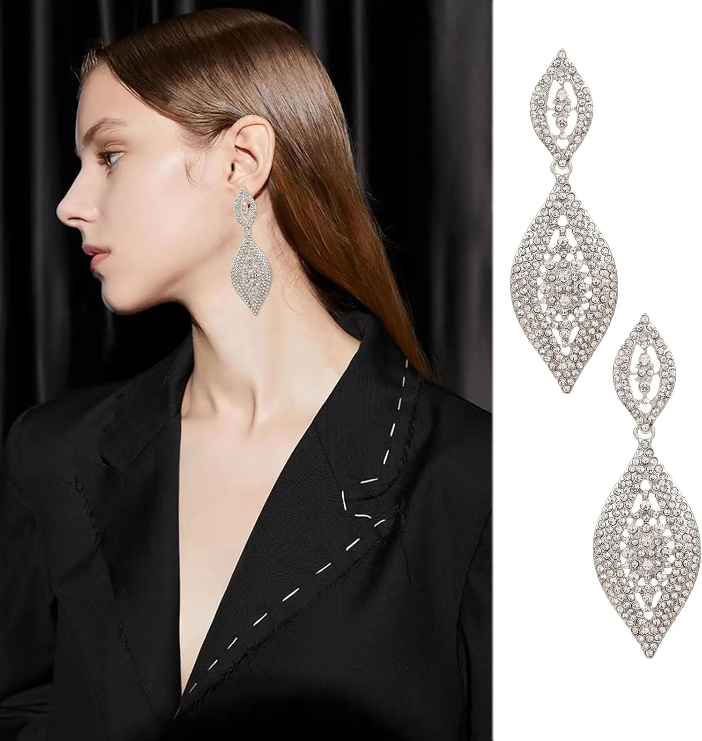 Fashion Rhinestone Crystal Wedding Earrings for Women Bridal Bridesmaid Long Leaf Chandelier Teardrop Dangle Earrings Jewelry