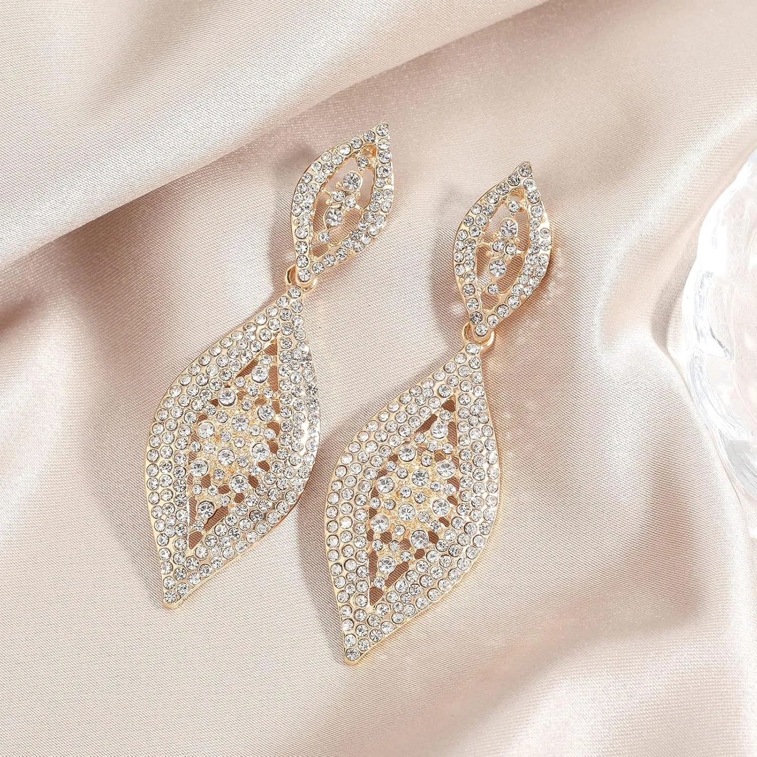 Fashion Rhinestone Crystal Wedding Earrings for Women Bridal Bridesmaid Long Leaf Chandelier Teardrop Dangle Earrings Jewelry