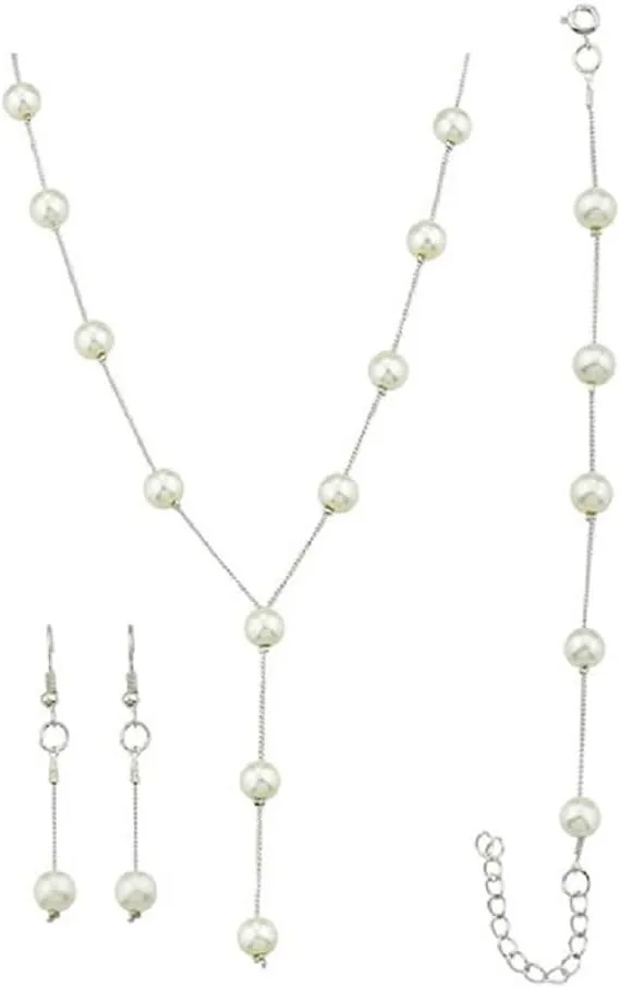 Faux Pearl Necklace Earring Bracelet Jewelry Set, Delicate and Classy Costume jewelry Favors (Silver)