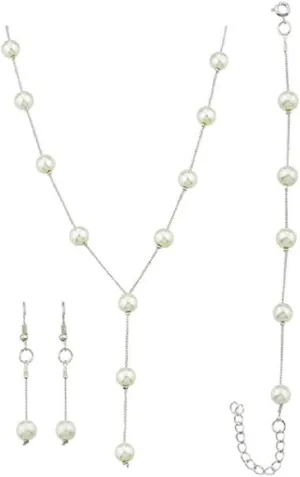 Faux Pearl Necklace Earring Bracelet Jewelry Set, Delicate and Classy Costume jewelry Favors (Silver)