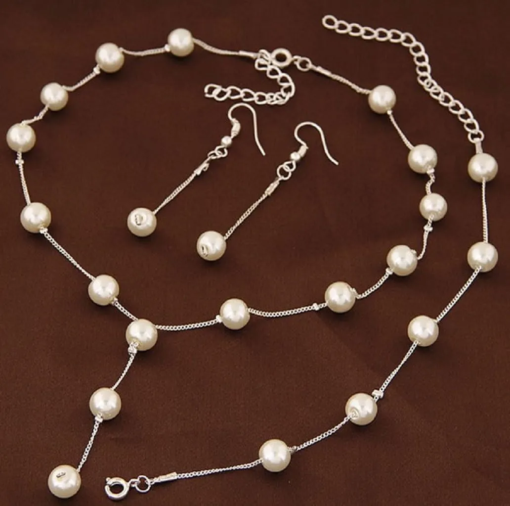 Faux Pearl Necklace Earring Bracelet Jewelry Set, Delicate and Classy Costume jewelry Favors (Silver)