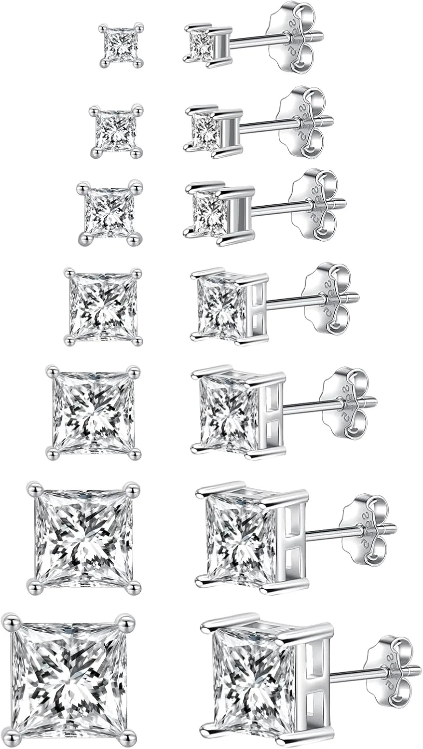Fcebsty 7 Pairs Silver Stud Earrings Set for Women-Hypoallergenic Cubic Zirconia Earrings Sterling Silver Earrings Square Cut Clear Cubic Zirconia Stud Earring Pack of 2-8mm