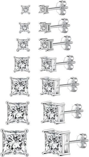 Fcebsty 7 Pairs Silver Stud Earrings Set for Women-Hypoallergenic Cubic Zirconia Earrings Sterling Silver Earrings Square Cut Clear Cubic Zirconia Stud Earring Pack of 2-8mm