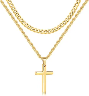 Fiusem 2 Pcs Cross Necklace Chain for Men and Women, Layered Mens Cross Necklaces Stainless Steel Pendant Cuban Link Rope Chain 16-26 Inch