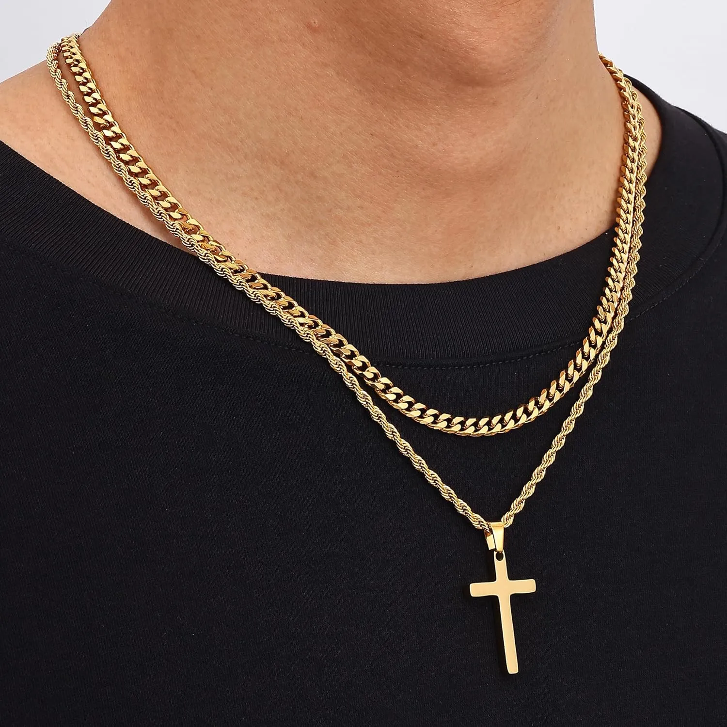 Fiusem 2 Pcs Cross Necklace Chain for Men and Women, Layered Mens Cross Necklaces Stainless Steel Pendant Cuban Link Rope Chain 16-26 Inch
