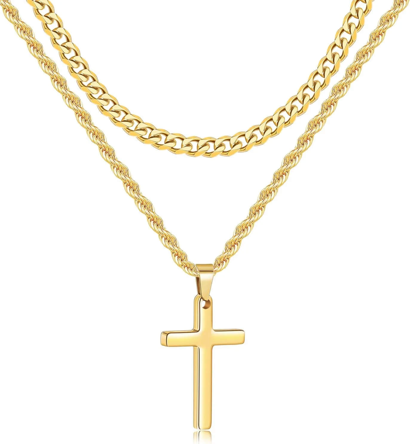 Fiusem 2 Pcs Cross Necklace Chain for Men and Women, Layered Mens Cross Necklaces Stainless Steel Pendant Cuban Link Rope Chain 16-26 Inch